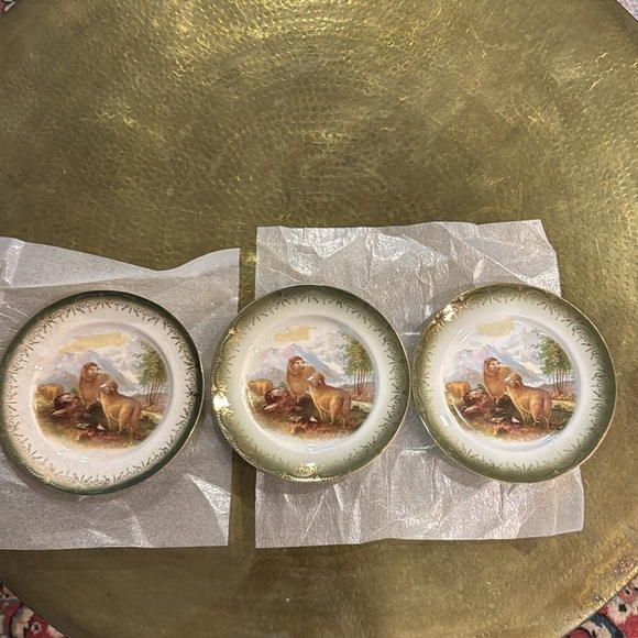FRENCH SAXON CHINA French Saxon Sheep Saucer Plates Set Of 3 Vintage 22k Gold - Picture 1 of 12